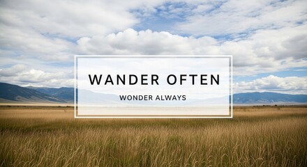 Inspiring Landscape with "Wander Often Wonder Always" Text Over a Vast Field and Cloudy Sky