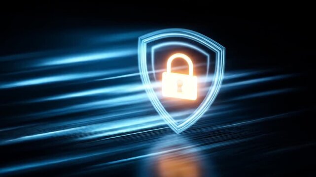 Digital security shield with glowing padlock symbol against abstract background
