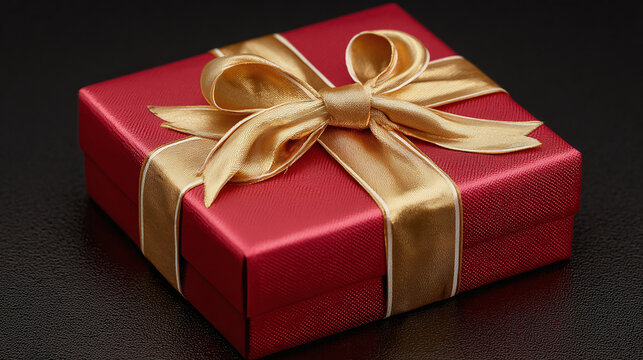 A beautifully wrapped gift box with a golden ribbon, perfect for any special occasion. The gift box is a vibrant red, complemented by the elegant gold bow. 