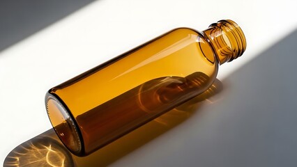 Empty amber glass bottle on white surface with sunlight