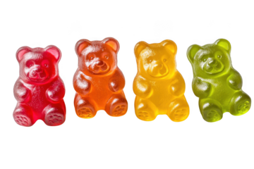 Four colorful gummy bears in red, orange, yellow, and green hues standing in a row isolated on transparent background