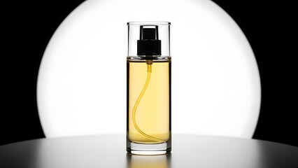 Glass perfume bottle with yellow liquid and black pump on table