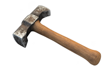 A worn, metal hammer head attached to a wooden handle, showcasing signs of heavy use and durability, perfect for construction or diy projects, isolated on transparent background