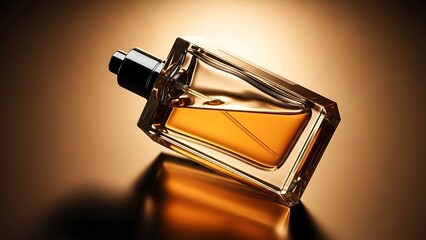 Glass perfume bottle with golden liquid inside on reflective surface