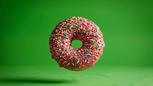 Pink donut with colorful sprinkles floating against green background.