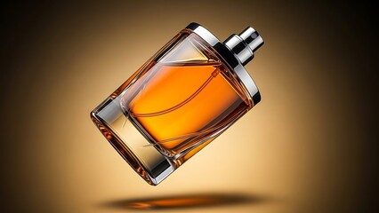 Luxury perfume bottle with amber liquid and silver cap floating in air