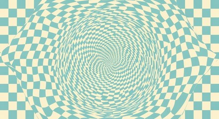 Optical illusion spiral pattern in teal and cream colors with checkerboard texture for graphic design