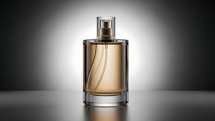 Luxury perfume bottle with gold liquid and silver cap on sleek surface