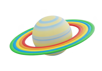 Vibrant 3d rendering of a rainbow-colored planet with rings isolated on transparent background