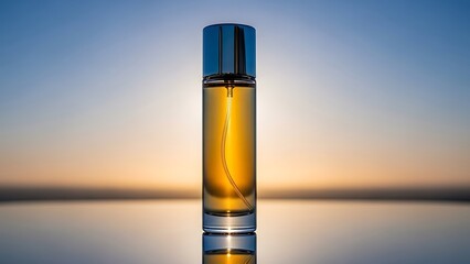 Perfume bottle with golden liquid on reflective surface at sunrise
