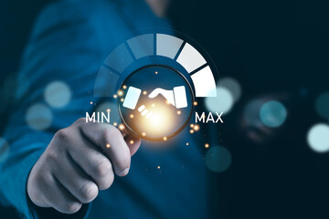 Business partnership concept with digital interface showing handshake icon and min to max scale. Symbol of trust, customer satisfaction, service quality, collaboration, and performance improvement.
