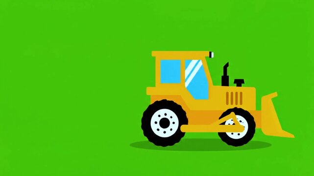A vibrant yellow cartoon front loader construction vehicle with a large bucket parked on a green screen background.