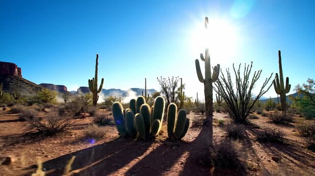 A serene desert landscape featuring cacti under bright sunlight.