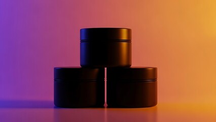Three black cylindrical containers stacked on each other with colorful background
