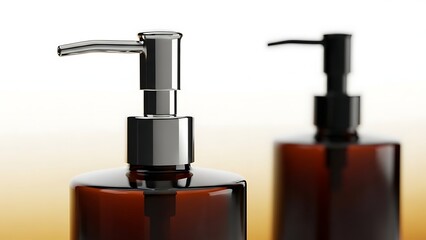 Two brown bottles with silver and black pumps on a gradient background