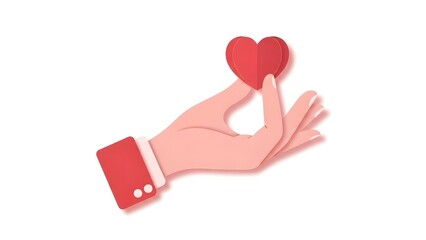 A hand holding a red heart on a white background