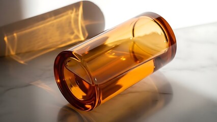 Two transparent amber glass bottles on white marble surface