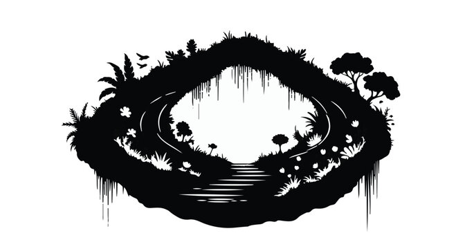 Mysterious silhouette of an enchanted forest path leading into a dark, magical cave.