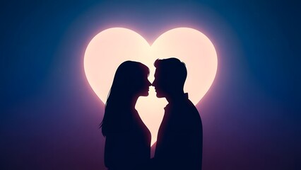 Silhouette of loving couple in front of heart shaped light