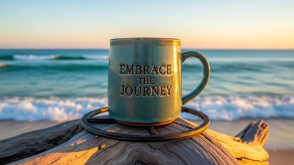 Rustic ceramic mug with 'Embrace The Journey' quote on driftwood by the ocean at sunrise