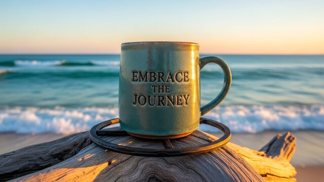 Rustic ceramic mug with 'Embrace The Journey' quote on driftwood by the ocean at sunrise - Powered by Adobe