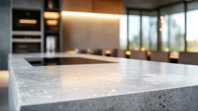 Modern kitchen interior in american suburban upper middle class home with quartz island countertop and open plan layout