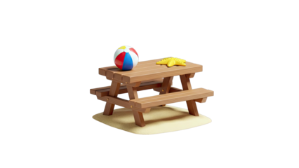 Wooden picnic table with beach ball and starfish on sand