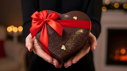 Person holding a heart shaped chocolate gift with red ribbon