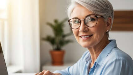 Smiling senior woman with short gray hair wearing glasses and blue shirt sitting in front of computer in bright room with plant with happy and home office with relaxed
