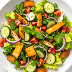 Fresh and colorful mixed green salad with vegetables and tofu on a plate