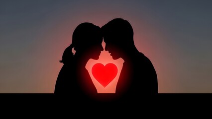 Silhouette of a loving couple forming a heart with a glowing red heart