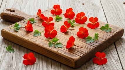 Rustic wooden serving board adorned with vibrant red geranium flowers and fresh green leaves, creating a charming natural display.