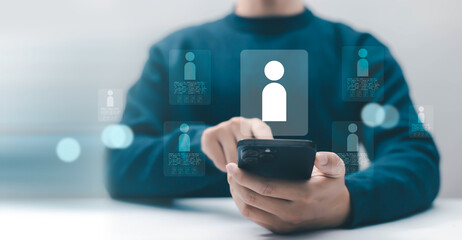 Person using smartphone with digital user profile interface, data management system, online identity, user experience, mobile technology, privacy protection, and modern digital communication concept.