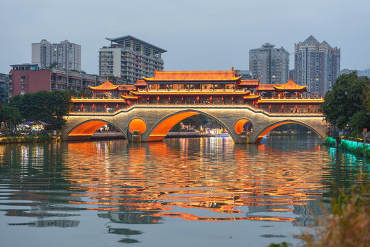 Beautiful Anshun Bridge, Bridge of the Peaceful and Fluent is a bridge in Chengdu, Sichuan, China. It crosses the Jin River. Landmark and popular for tourists attractions