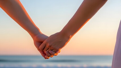Loving couple holding hands by the serene ocean at sunset