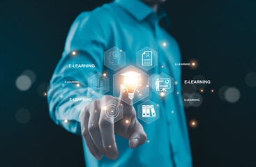 E-learning and digital education concept with business person touching virtual interface icons, representing online training, knowledge management, smart learning, innovation, and modern technology.