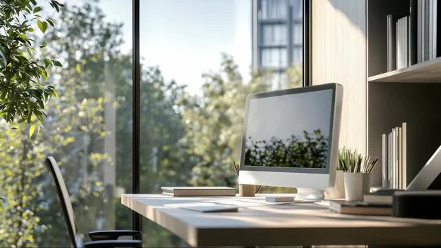 Bright home office workspace in american suburban upper middle class home with modern desk setup and natural light