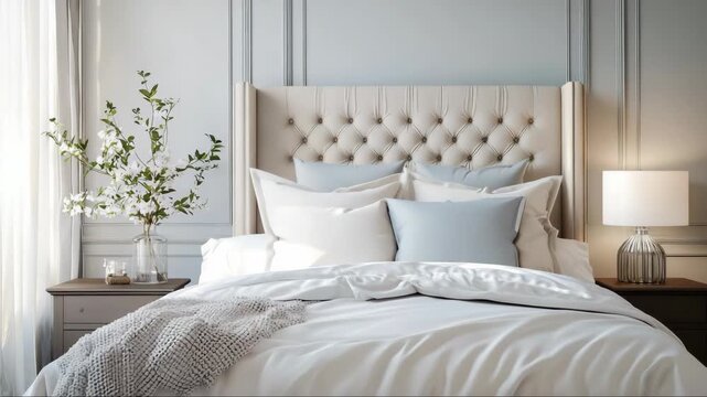 Bright primary bedroom interior in american suburban upper middle class home, staged real estate space with neutral tones and modern design