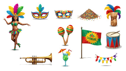 Fototapeta premium Colorful carnival costumes masks and musical instruments for celebration