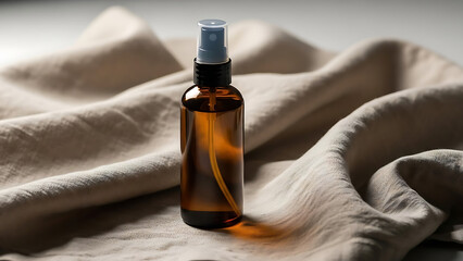 Fototapeta premium A brown glass spray bottle on a beige fabric background