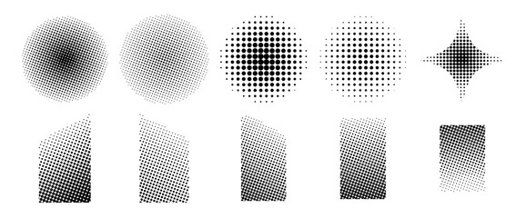 Set of abstract halftone dot textures. Collection of gradient screen tone patterns, radial circles, and noise shapes for comic shading