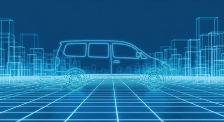 Futuristic automobile design with cityscape and blue neon grid backdrop showcasing modern