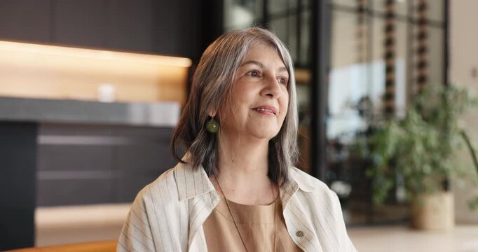 Thinking, relax or old woman on sofa with breathing, reflection or positive memory on weekend break. Calm, mindfulness or senior person in house with exhale, nostalgia or daydream on Sunday afternoon