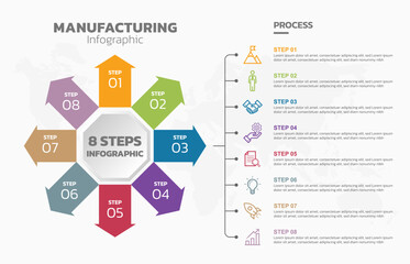 Visual data presentation. Cycle diagram with 8 options. Pie Chart Circle infographic template with 8 steps, options, parts, segments. Business concept. Marketing infographic vector illustration.