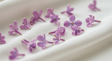 Delicate lilac blossoms strewn gracefully upon a smooth, light-colored fabric creating a serene
