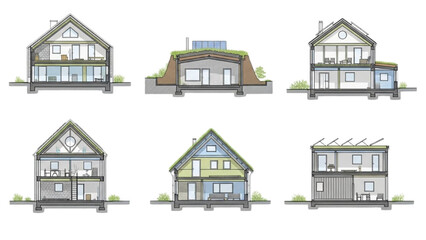 Cross-section illustrations of sustainable and modern house designs