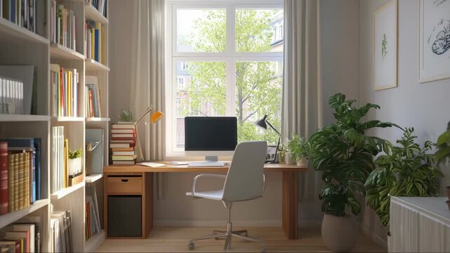 Bright home office interior in american suburban upper middle class home, remote work workspace with desk, bookshelf and natural light
