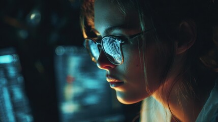 Focused Female Coder Working Late at Night with Computer Screen