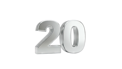 3D Silver number 20 isolated on a transparent background