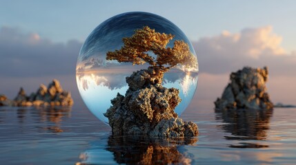 Enchanted Bonsai Tree in Crystal Sphere Above Serene Waterscape